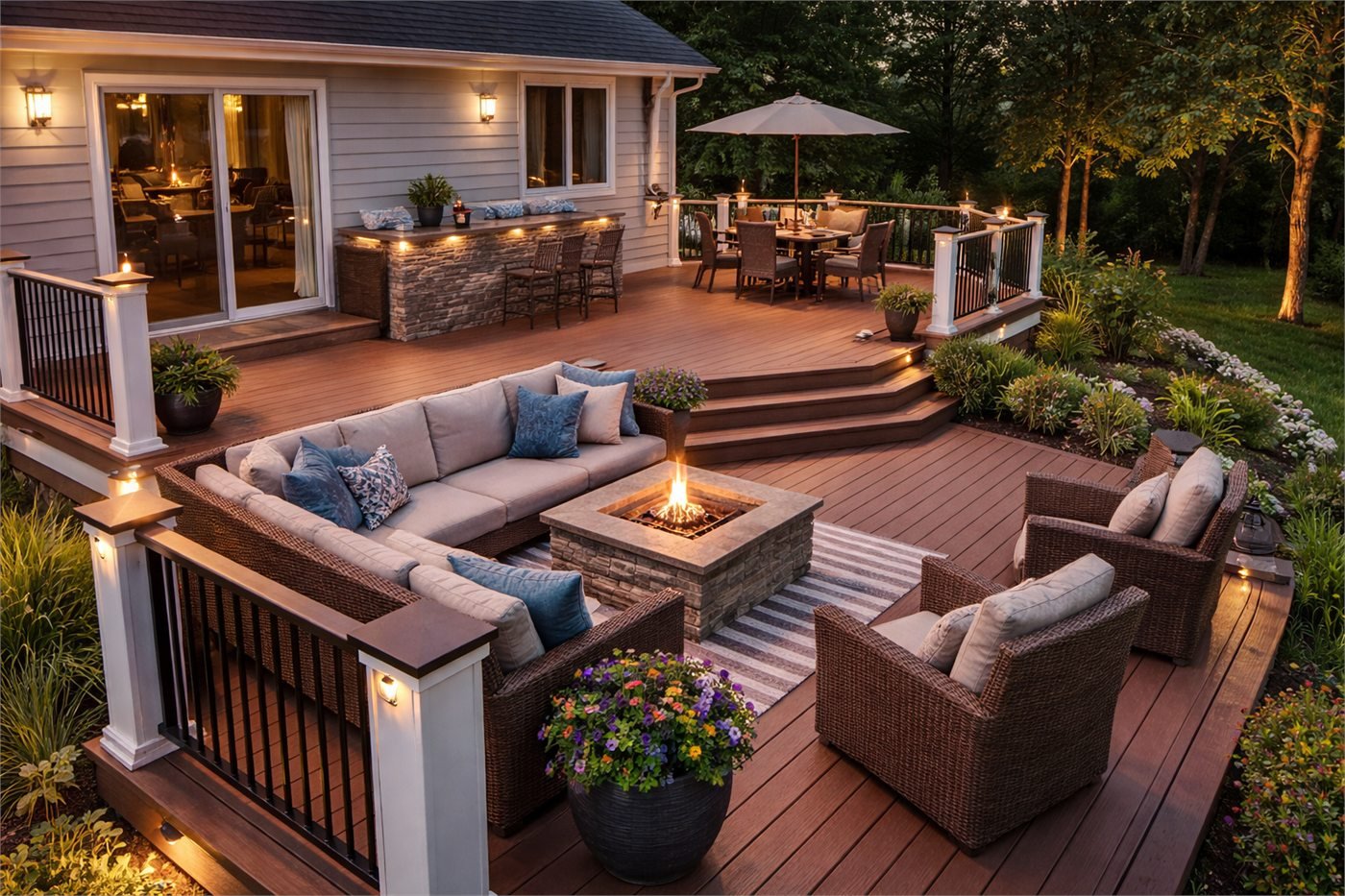 Elkhorn cedar deck close-up highlighting stairs and railing craftsmanship